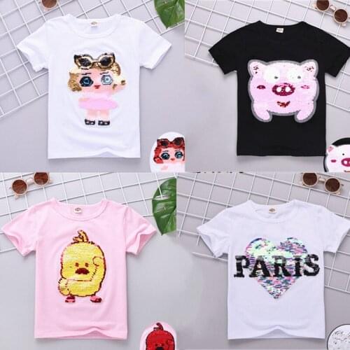 Summer cotton kids girls t shirt tops tees casual fashion short sleeve change color sequin t-shirt children clothes girl tshirt