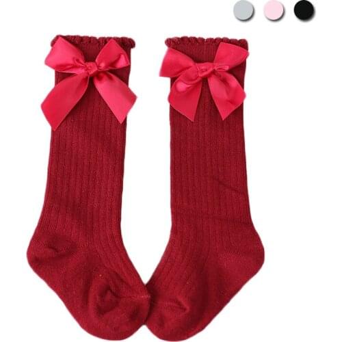 Girls Autumn Socks Baby Girls Red Black Pink White Gray Stockings With Bows Kids Spring Cotton Socks