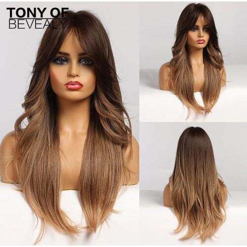 Long Wavy Ombre Brown Synthetic Wigs Natural Wave Hair Wigs for African American Women Heat Resistant Daily Cosplay Wigs
