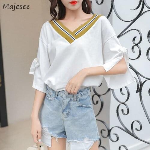T-shirts Women Elegant Office Ladies Casual Solid Color Patchwork Collar Mujer Flare Sleeve Sweet Top Simple Korean Style V-neck