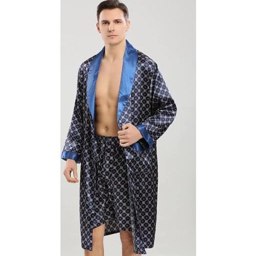 Men Robe Sets Satin Kimono Gown Male Sleepwear Bathrobe Faux Silk Robe&Shorts Suit Casual Nightwear Lounge Wear Homewear