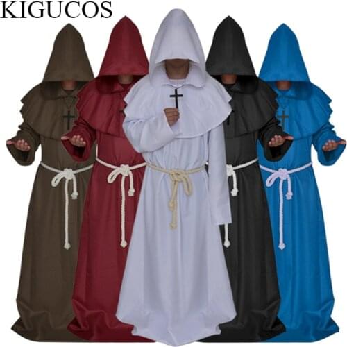 KIGUCOS Medieval Renaissance Priest Halloween Cosplay Costumes Monk Robe Friar Cosplay Cloak Middle Ages Cape 5 Colors Available