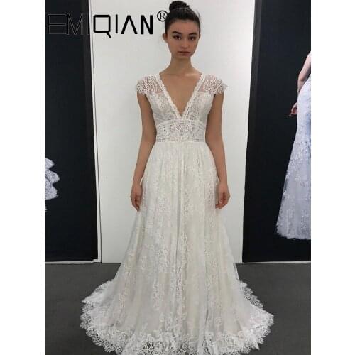 Boho Lace Wedding Dresses for Bride Long A Line V Neck Cap Sleeves Bridal Gowns Vestido De Noiva