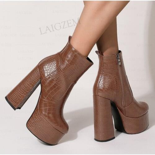 LAIGZEM Women Ankle Booties Platform Side Zip Block Thick High Heels Boots Ladies Crocodile Print Shoes Woman Big Size 39 42 43
