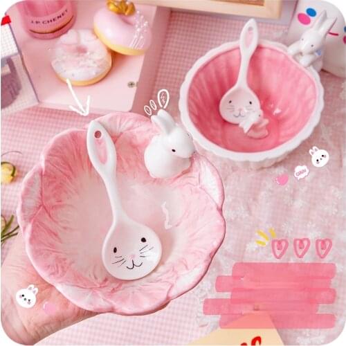 GY Girl Heart Rabbit Small Bowl Cereal Cute Ceramic Rice Bowl Dessert Korean Style Household Tableware for One Person