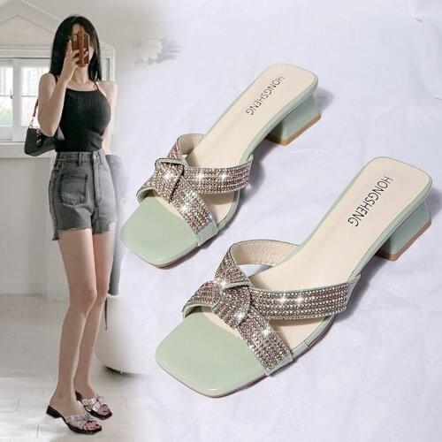 Fashion Women Sandals Low Mid Heels 1.57 Inches Beautiful Shinning Leisure Slippers（Size 35-43