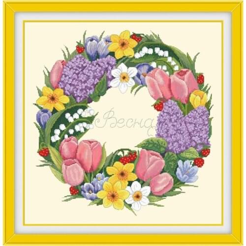 Spring wreath cross stitch kits flower aida fabric 18ct 14ct 11ct light yellow cotton thread embroidery kits DIY craft set