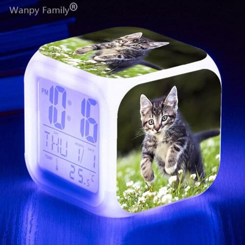 Very Cute Cats Alarm Clock LED 7 color Flash Digital Alarm Clock for kids birthday gift reveil luminous color flash Watch Clocks