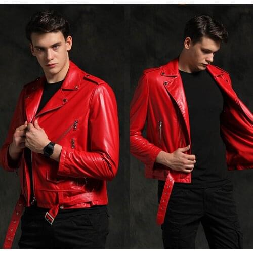 New Fashion Red Sheepskin Genuine Leather Jacket Men Spring Autumn 100% Natural Sheepskin Leather Clothing