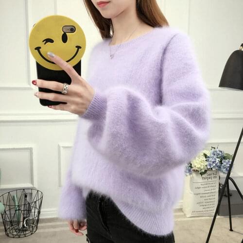 Autumn Winter Thicken Lantern Sleeve Pullover Knitted Warm Plush Sweater Faux Mink Cashmere Women Sweater Women Pullovers HK178