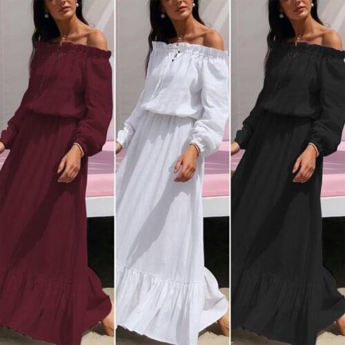 2021 ZANZEA Spring Autumn Female Elegant Maxi Dress Long Sleeves Off Shoulder Robe Femme Bandage Solid Cotton Dress