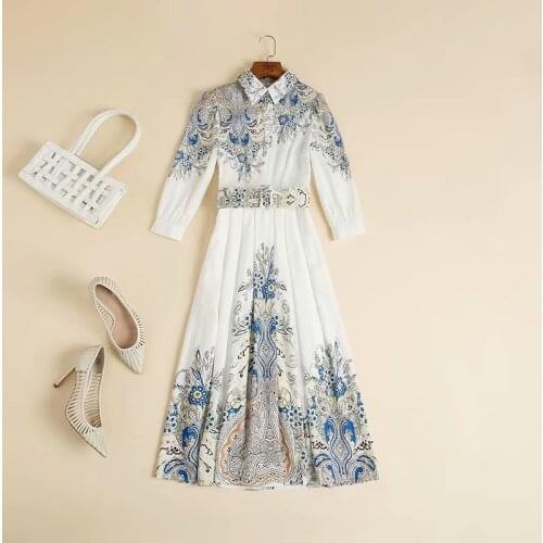 Womens European and American clothing 2021 autumn new style 7 minutes of sleeve lapel court print Fashion belt dress