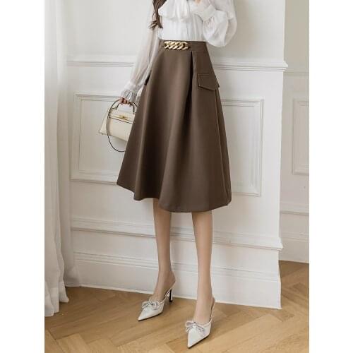 TIGENA Elegant Office Lady Midi Skirt Women 2021 Autumn Korean Vintage Solid Brown A Line High Waist Knee Length Skirt Female