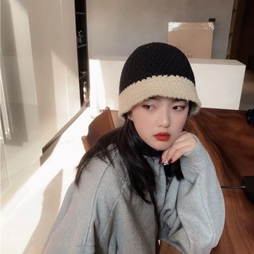 Knitted Basin Hat Women Wild Casual Fashion Fisherman Hat Autumn and Winter Hat Woolen Hat Stitching Color Knitted Beanie Hat