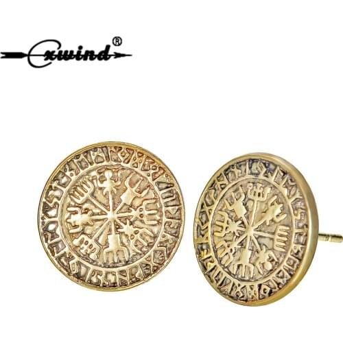 Cxwind Vintage Earring Viking Runes Vegvisir Compass Stud Earrings For women Odins Symbol Amulet Round Disc Earrings Jewelry