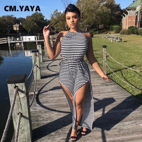 CM.YAYA Women Jumpsuit Striped Sleeveless Hollow Out Ealstic Waist Splited Wide Leg Jumpsuits Fashion One Piece Overalls Summer