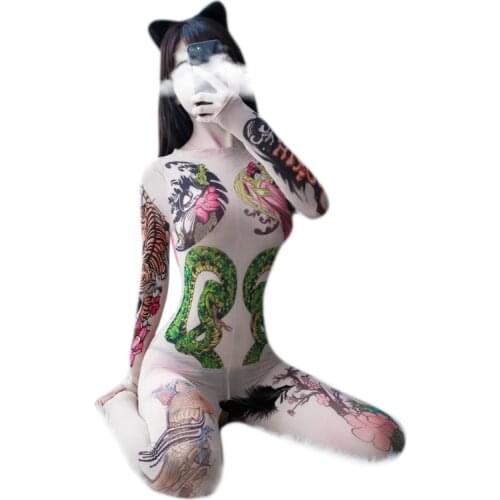 Women Erotic Long Sleeve Semi-Sheer Bodystockings Sexy Full Tattoo Coverage Bodysuit Catsuit Open Crotch Tights Lingerie