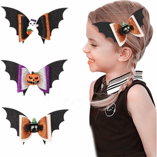 10pcs/Lot New Halloween Hair Bows Glitter Cartoon Ghost Spider Bat Hairpin Clips For Girls Kids Party Hairgrips Accessories Gift