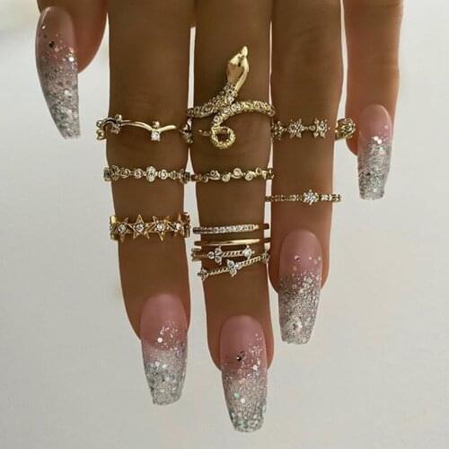 9Pcs/Set Boho Vintage Ring For Women Crystal flowers Star Snake ring Geometric Female Finger Rings Set