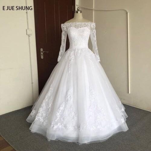 E JUE SHUNG White Lace Appliques Off The Shoulder Wedding Dresses Ball Gown Long Sleeves Luxury Bridal Wedding Gowns Plus Size