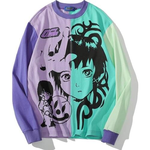 Hip Hop Tshirts Cotton Streetwear Anime T-shirt Men Color Block Harajuku Tops Casual Long Sleeve Basic Tees Male Cartoon Tshirts
