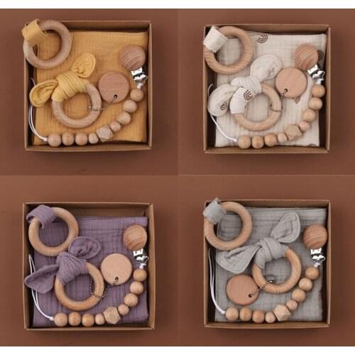 1Set Pacifier Clips Chain Cotton Soothe Appease Towel Baby Bibs Teething Ring Cute Bunny Ear Teether Newborn Shower Gift