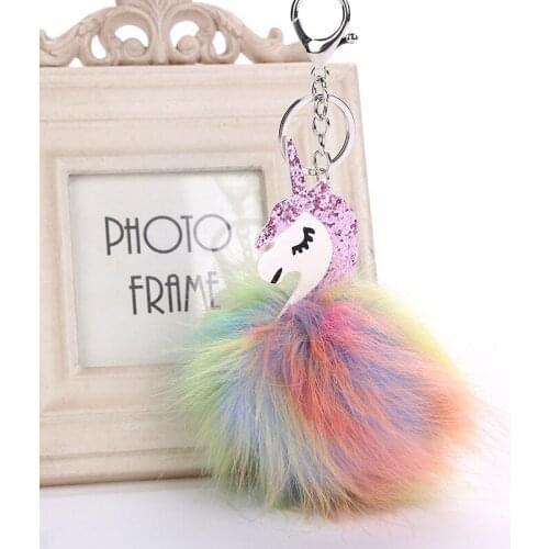 ISINYEE Cute Fluffy Unicorn Pom Pom Keychain Pompom Leather Fur Ball Key Chains Women Bag Trinket Key Holder Accessories