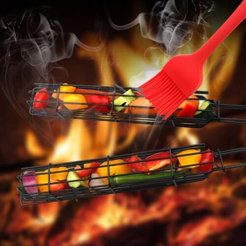 Barbecue Basket Bar Shape Iron And Wood Skewer Basket Outdoor Barbecue Utensils Portable BBQ Grilling Basket