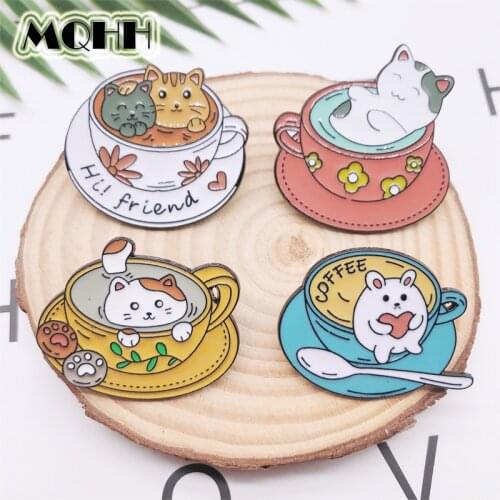 Cartoon Fun Coffee Animal Enamel Pin Love Coffee Cup Cat Brooch Alloy Badge Clothes Bag Accessories Woman Jewelry Gift For Kid