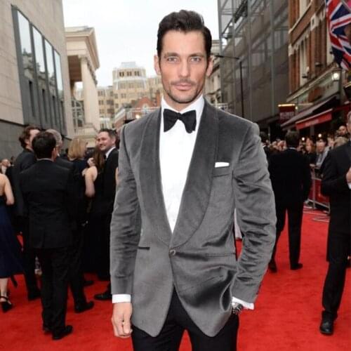 ANNIEBRITNEY 2 Piece Grey Velvet Men Suit With Black Wool Pants Custom Groom Wedding Tuxedo 2 Piece Slim Fit Prom Wedding Suit