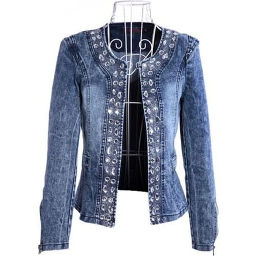 New Plus Size 4XL Spring Antumn Denim Jackets Vintage Diamonds Casual Coat Womens Denim Jacket For Outerwear Jeans QQ136