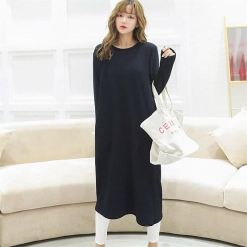 Autumn Winter Womens Fashion O-Neck Long Dress Female Solid Full Sleeves Warm Straight Dress Plus Size Vestidos M-8XL Black Red
