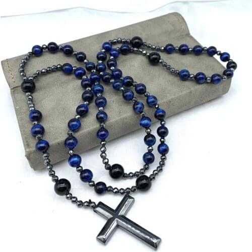 6mm natural stone bead hematite cross pendant necklace Catholic Christian rose cross pendant jewelry for men and women