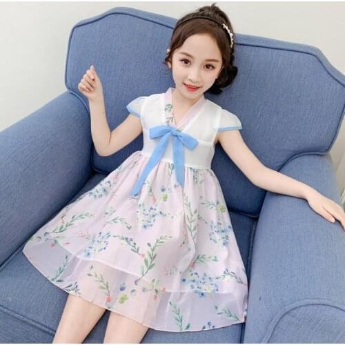 Girls Dress New Korean Version Zhongda Childrens Chinese Style Ancient Hanfu Summer Chiffon Dress Kids Clothes