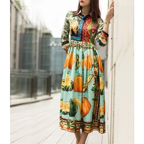 Dress Women 2021 New Silk High Quality Long Pumpkin Print Sicily Lantern Sleeve Turn-Down Collar Maxi Dresses Fashion