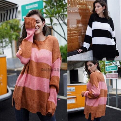 Striped Black and White Sweater Long Sleeve Knitted Women Pullover Sweaters Autumn Winter Fluffy Sweater Woman 2020 Pullovers