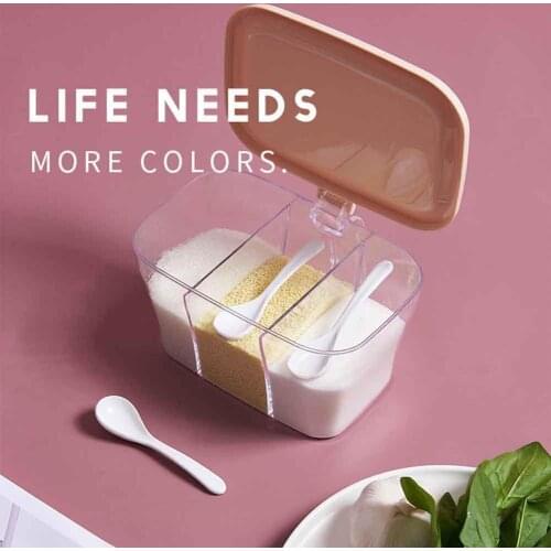 3-Grid Portable Kitchen Transparent Salt Sugar Spice Seasoning Storage Box Container