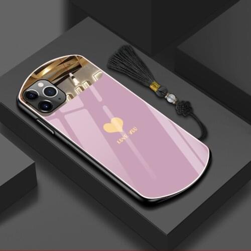 Luxury Cute Oval Heart-shaped Tempered Glass Phone Case For iPhone 12 11 Pro Max XSmax XR X SE 8 7 6 Plus Mirror Lanyard Cover