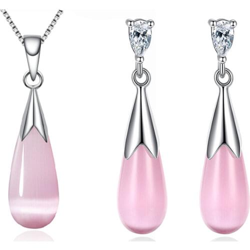 925 Sterling Silver Moonstone Opal Water Drop Necklace/Earrings For Women Jewelry Sets Best Gift