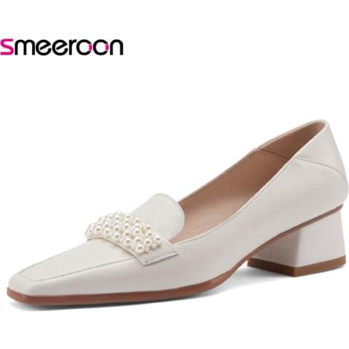 Smeeroon 2021 Pumps Women Genuine Leather Party Wedding Casual Shoes Square Toe Pearl Spring Summer Single Shoes Female
