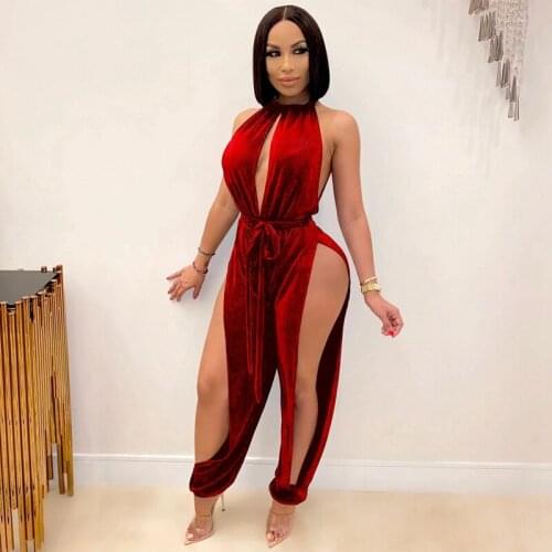 Sexy Club Rompers Womens Jumpsuit Party Outfits for Woman Clothing Hollow Out Side Thigh Split One Piece Jumpsuit Women Overalls
