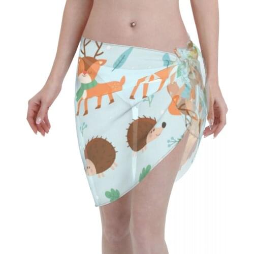 Womens Swim Wear Bikini Cover Up Winter Forest Animal Beach Mini Wrap Skirt Sarong Pareo Shorts Summer Beachwear