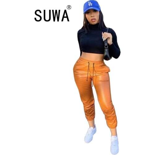 Faux PU Leather Women Pencil Pants Skinny Bodycon High Waist Tight Trouser Orange Fashion Cool Girl Fall 2021 Wholesale Clothing