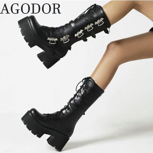 AGODOR Gothic Knee High Boots Womens Platform Heels Tall Boots Fashion Githic Shoes Buckle Patent Leather Motorcycle Boots
