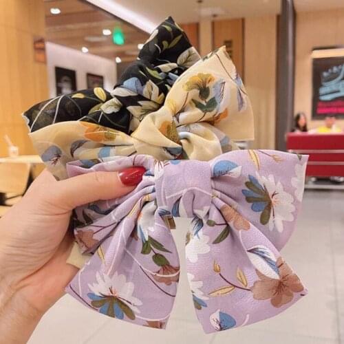 20 pieces/lot) Extremely Light Chiffon Women Hair Accessories 6 Colors Printing Big Bow For Girls Cute Ponytail Holder