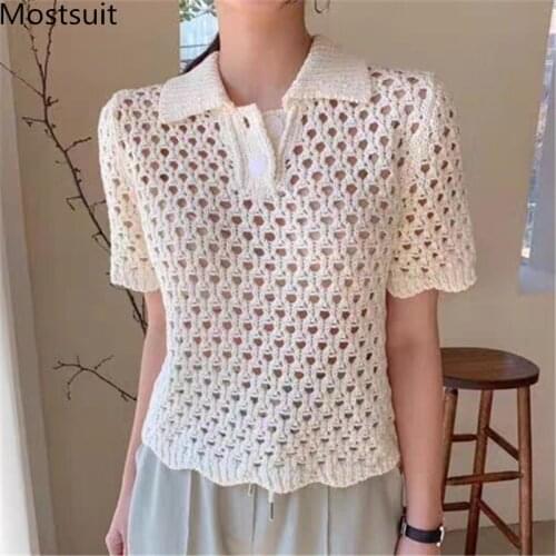 2021 Autumn Korean Hollow Knitted Women Sweaters Tops Short Sleeve Turn-down Collar Pullovers Fashion Solid Elegant Tops Femme