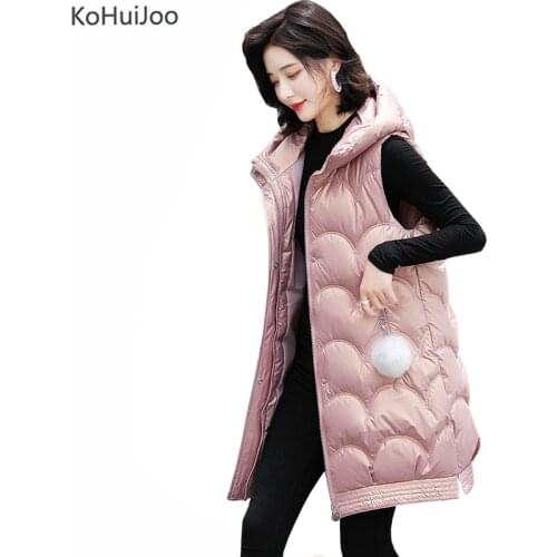 Women Winter Cotton Vest Ladies Solid Hooded Waistcoat Female Sleeveless Long Vest Jacket Slim Fit Warm Puffer Outwear Pink Blue