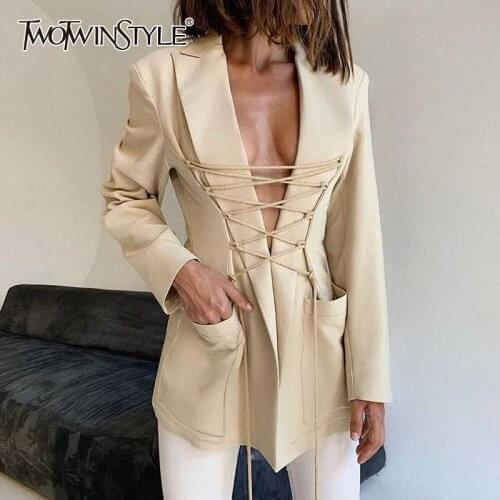 TWOTWINSTYLE Patchwork Strap Womens Coat Lapel Collar Long Slevee Hgih Waist Slimming Pure Color Womens Coats Fashion 2021 New