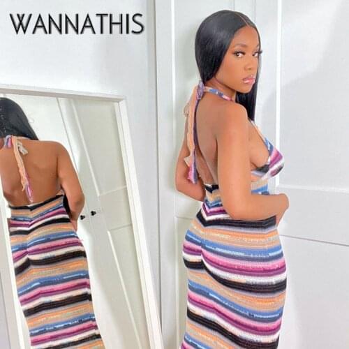 WannaThis Long Dress Women Sleeveless Halter Backless Sexy Slim Hollow Out V-Neck Backless Stretch Party Maxi Summer Dress 2021