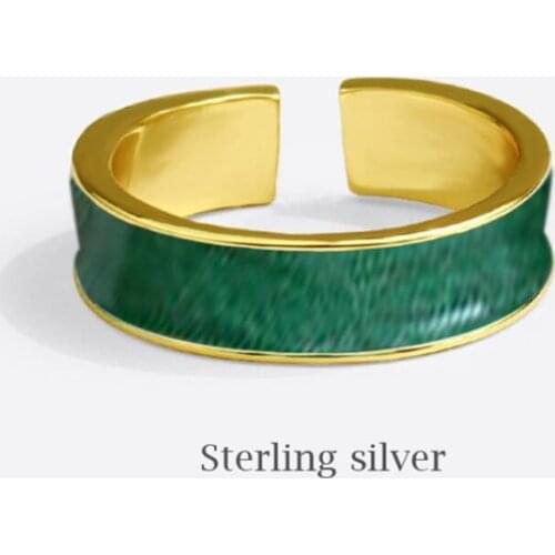 Sole Memory Green Enamel Drip Glaze Shiny Cool 925 Sterling Silver Female Resizable Opening Rings SRI886